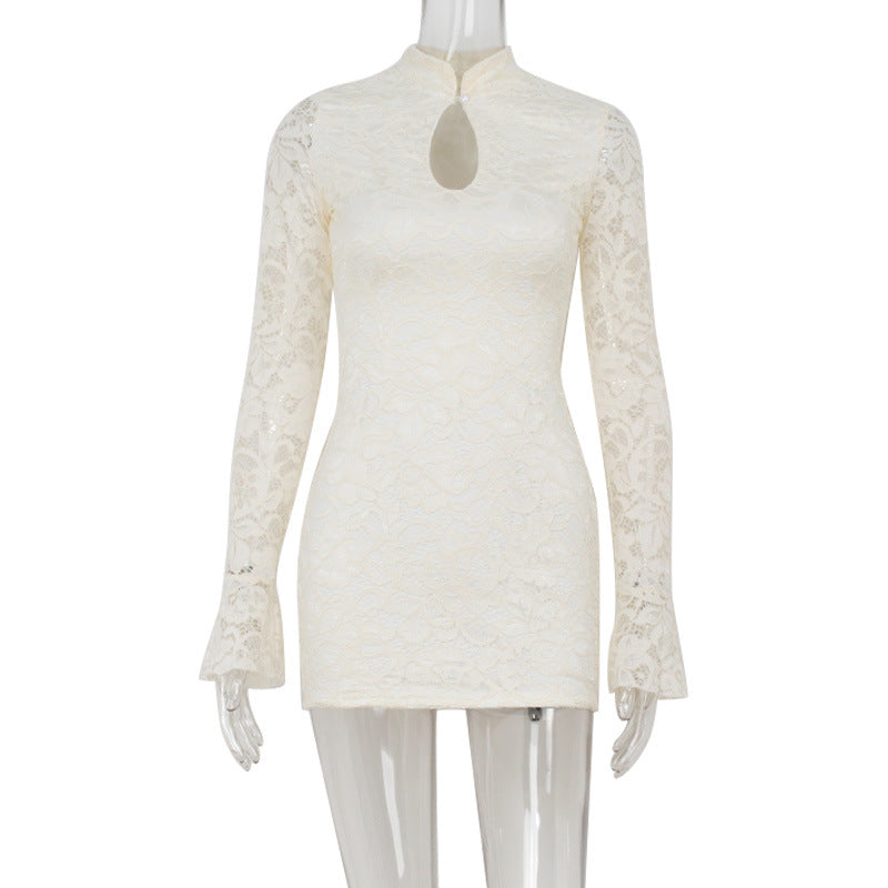 Lace hollow horn long sleeved slim fit dress with wrapped buttocks
