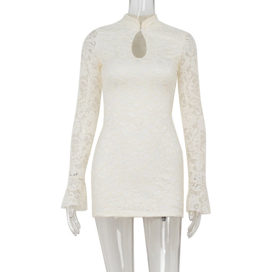 Lace hollow horn long sleeved slim fit dress with wrapped buttocks
