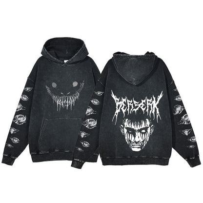 American retro washed hoodie for men and women, hip-hop sword style legendary dark print hoodie, vintage hoodie