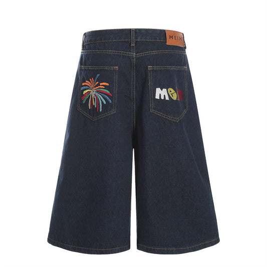Embroidered Denim Shorts with Letter Pattern for Men, Loose Fit, Casual Washed Straight Leg Mid-Length Pants