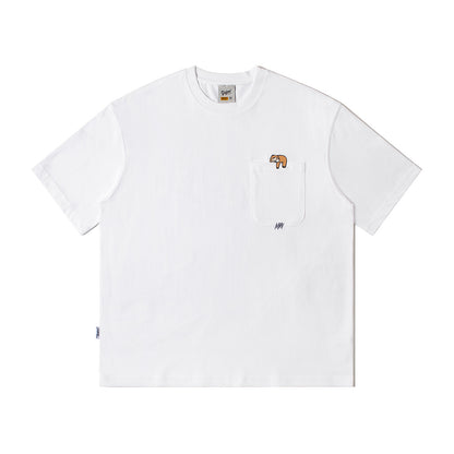 Cartoon embroidered pocket round neck men's loose short sleeved shirt