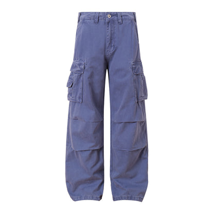 Solid Color Multi-Pocket Workwear Straight Leg Pants Men's Long Trousers Punk Street Style Pleated Design Washed Loose Wide-Leg Pants