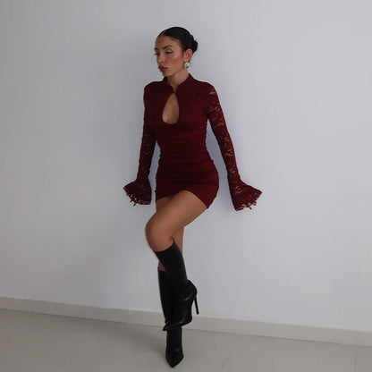 Lace hollow horn long sleeved slim fit dress with wrapped buttocks