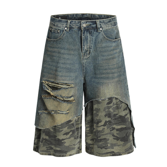 Post-Apocalyptic Style Distressed Patchwork Camouflage Seven-Quarter Denim Pants Men's Summer Fake Two-Piece Washed Frayed Hem Shorts