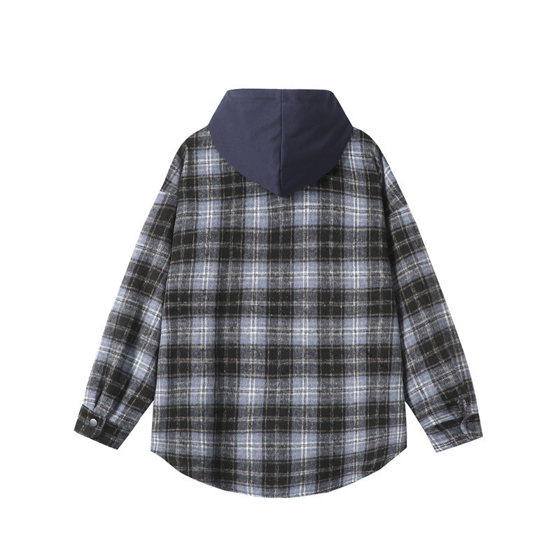 Fake two checkered hooded men's shirts