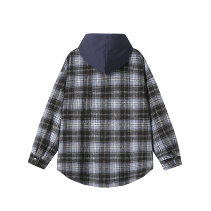 Fake two checkered hooded men's shirts