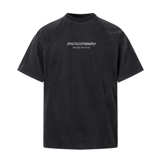 Simple Embroidered Letter Cotton Short Sleeve T-Shirt Men's INS Trendy American Heavy Work Segmentation Splicing Faded Washed Tee