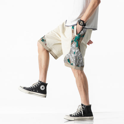 Spliced Lace Embroidered Shorts Men's Loose Casual Straight Leg Five-Quarter Pants Unique Design High Street Trendy