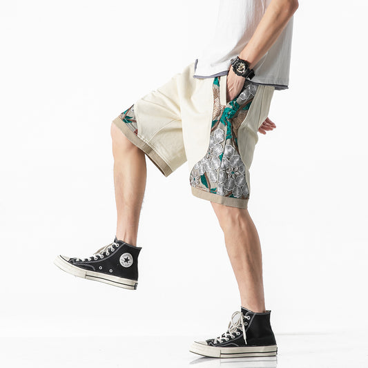 Spliced Lace Embroidered Shorts Men's Loose Casual Straight Leg Five-Quarter Pants Unique Design High Street Trendy