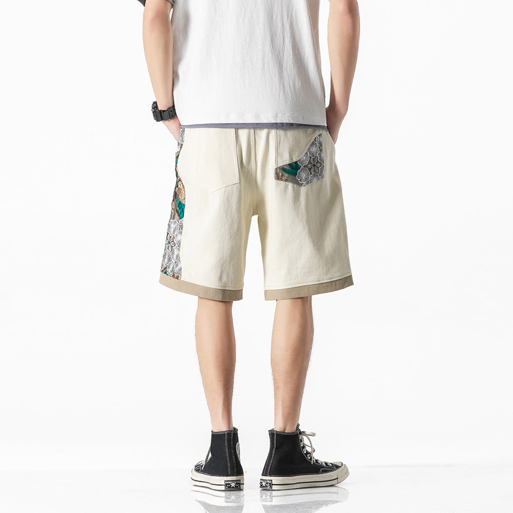 Spliced Lace Embroidered Shorts Men's Loose Casual Straight Leg Five-Quarter Pants Unique Design High Street Trendy