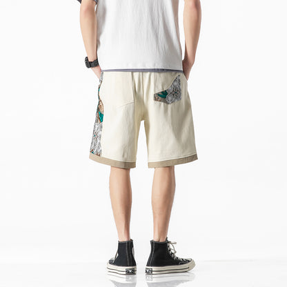 Spliced Lace Embroidered Shorts Men's Loose Casual Straight Leg Five-Quarter Pants Unique Design High Street Trendy