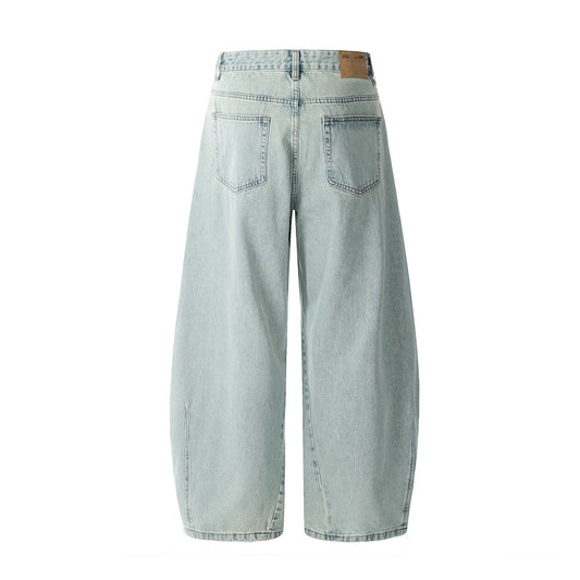 Heavy Washed Slashed Denim Pants American Retro Loose Wide-Leg Long Pants Men's Light Color Distressed Banana Pants