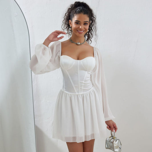Women's Dress New Arrival Strapless Square Neck Mesh Splicing Satin High Waist A-Line Dress
