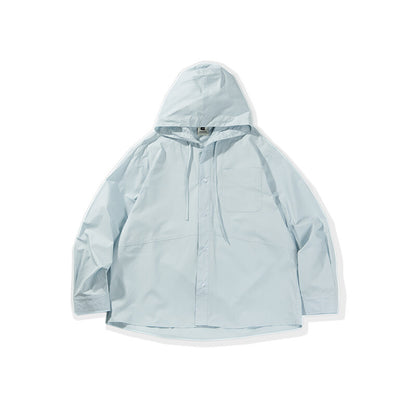 Solid color pocket hooded casual loose shirt