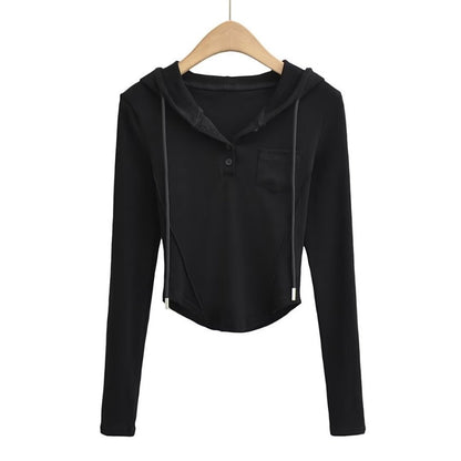 Fashion Women's New Solid Color Curved Tight Coat Hoodie Drawstring Pocket Hoodie