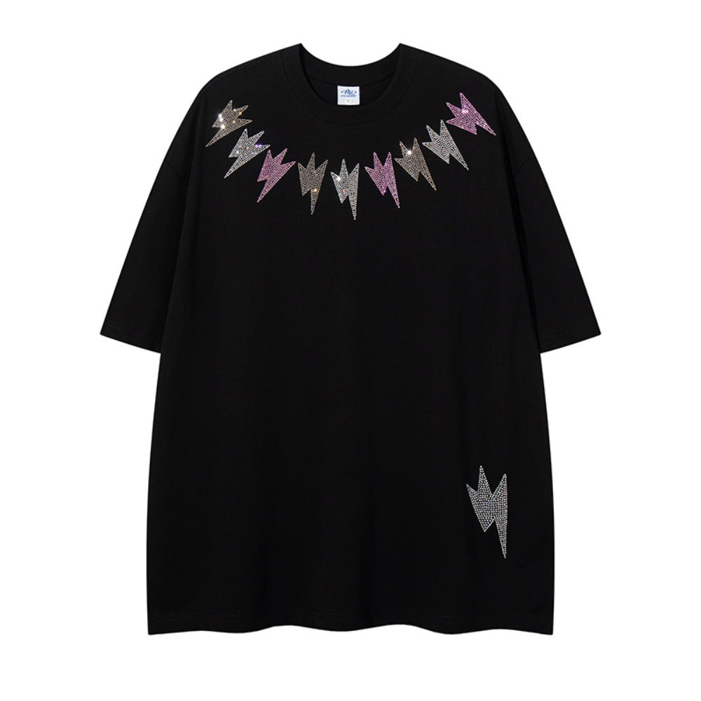 Colorful Rhinestone Lightning Design Round Neck Short Sleeve T-Shirt Pure Cotton Loose Top for Men Summer INS   Trendy
