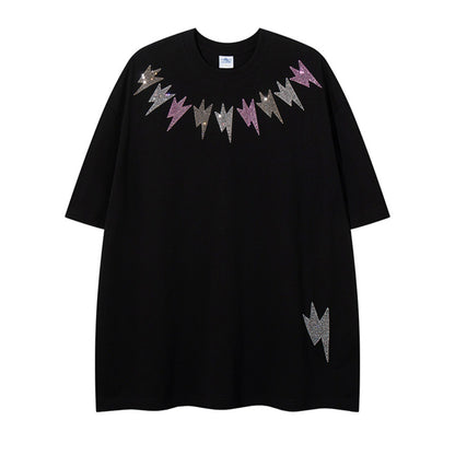 Colorful Rhinestone Lightning Design Round Neck Short Sleeve T-Shirt Pure Cotton Loose Top for Men Summer INS   Trendy