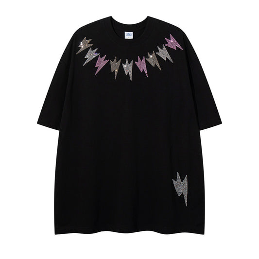 Colorful Rhinestone Lightning Design Round Neck Short Sleeve T-Shirt Pure Cotton Loose Top for Men Summer INS   Trendy