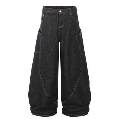 Loose Wide-Leg Denim Trousers Men's Hip-Hop Trendy Design Deconstructed Patchwork Topstitching Cargo Long Pants
