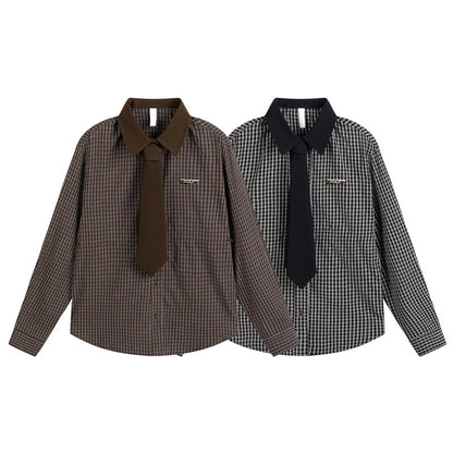Cardigan with tie plaid men's and women's shirt