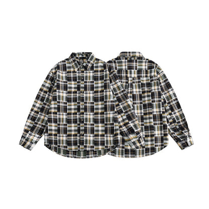 Color blocked checkered long sleeved loose casual shirt