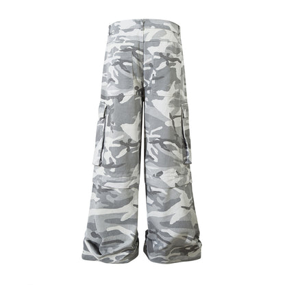 Camouflage Work Wide-Leg Pants Men's Vibe Style Flared Trousers High Street American Casual Loose Pocket Long Pants