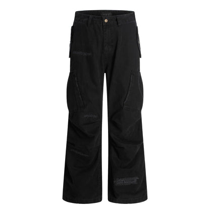 High Street Design Multi-Pocket Workwear Long Pants Men's Vibe Trendy Ripped Patch Pleated Loose Wide-Leg Pants