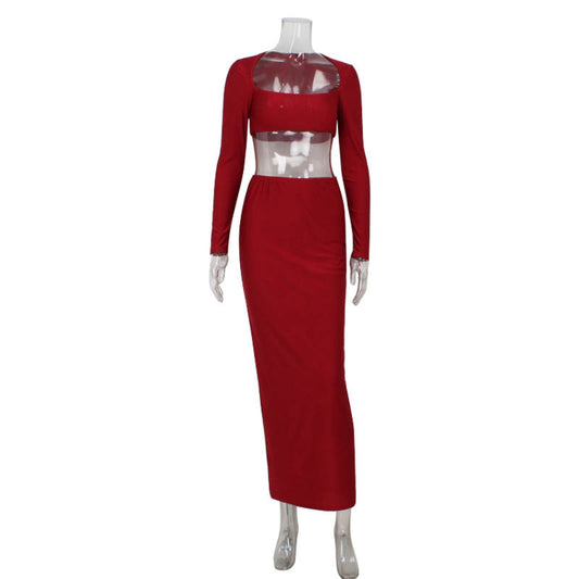 Sexy waist exposed long sleeved chest wrapped top hip wrapped skirt two-piece set