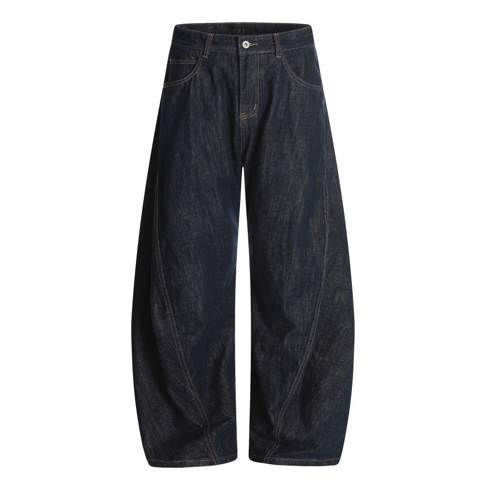 Oversized Wide-Leg Denim Pants Men's   High Street Deconstructed Patchwork Design Arc Scythe Loose Long Trousers