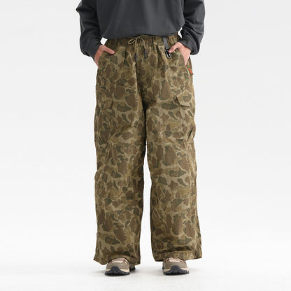 High Street Workwear Wide-Leg Camouflage Pants Men's Long Pants Design Pleated Tie-Dye Camouflage Drawstring Cuffed Trousers Trendy