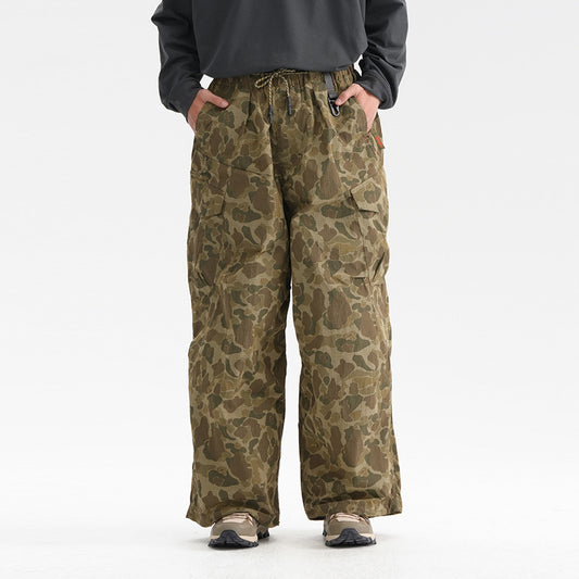 High Street Workwear Wide-Leg Camouflage Pants Men's Long Pants Design Pleated Tie-Dye Camouflage Drawstring Cuffed Trousers Trendy