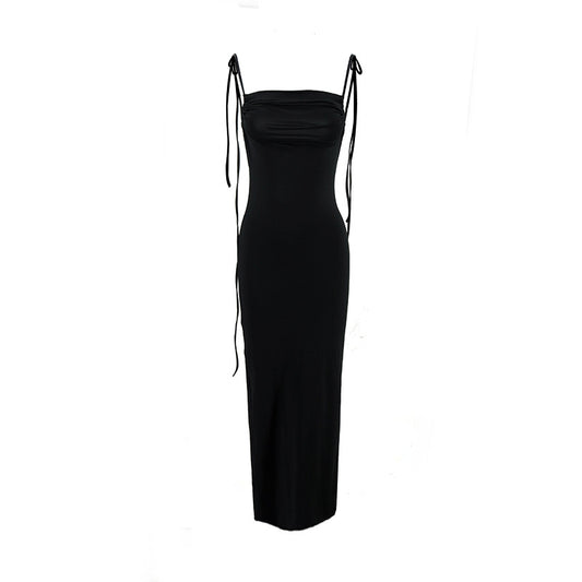 Backless suspender hip hugging long solid color dress