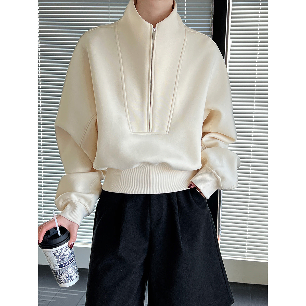 Half zip hoodie casual sports high waisted top