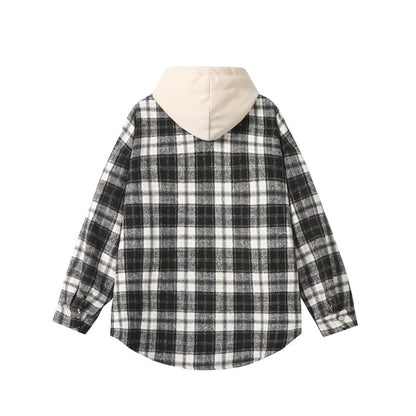 Fake two checkered hooded men's shirts