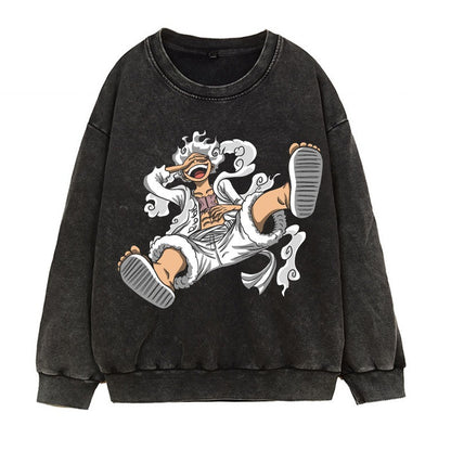 Washed retro distressed hoodie in Japanese Manica form, fifth grade Luffy Gear 5 anime print round neck top