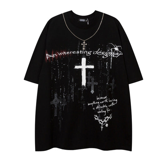 Dark Street Cross Loose Short Sleeve Necklace T-Shirt Men's Summer Metal Chain Decorated Personality Tee Trendy