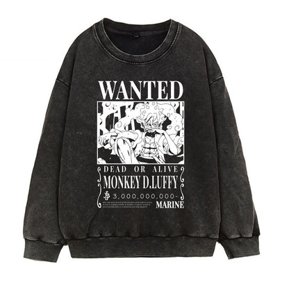 Washed retro distressed hoodie in Japanese Manica form, fifth grade Luffy Gear 5 anime print round neck top