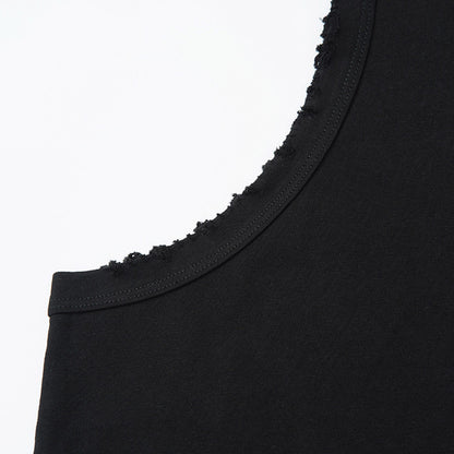Summer Men's Vest Ripped Loose Casual Sports INS Trend Pure Color Versatile Round Neck Sleeveless T-Shirt American Style