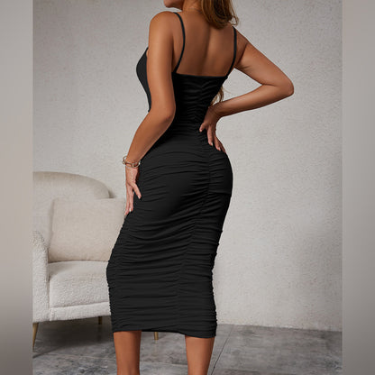 Popular pleated slim fit sexy suspender waist hugging long skirt dress