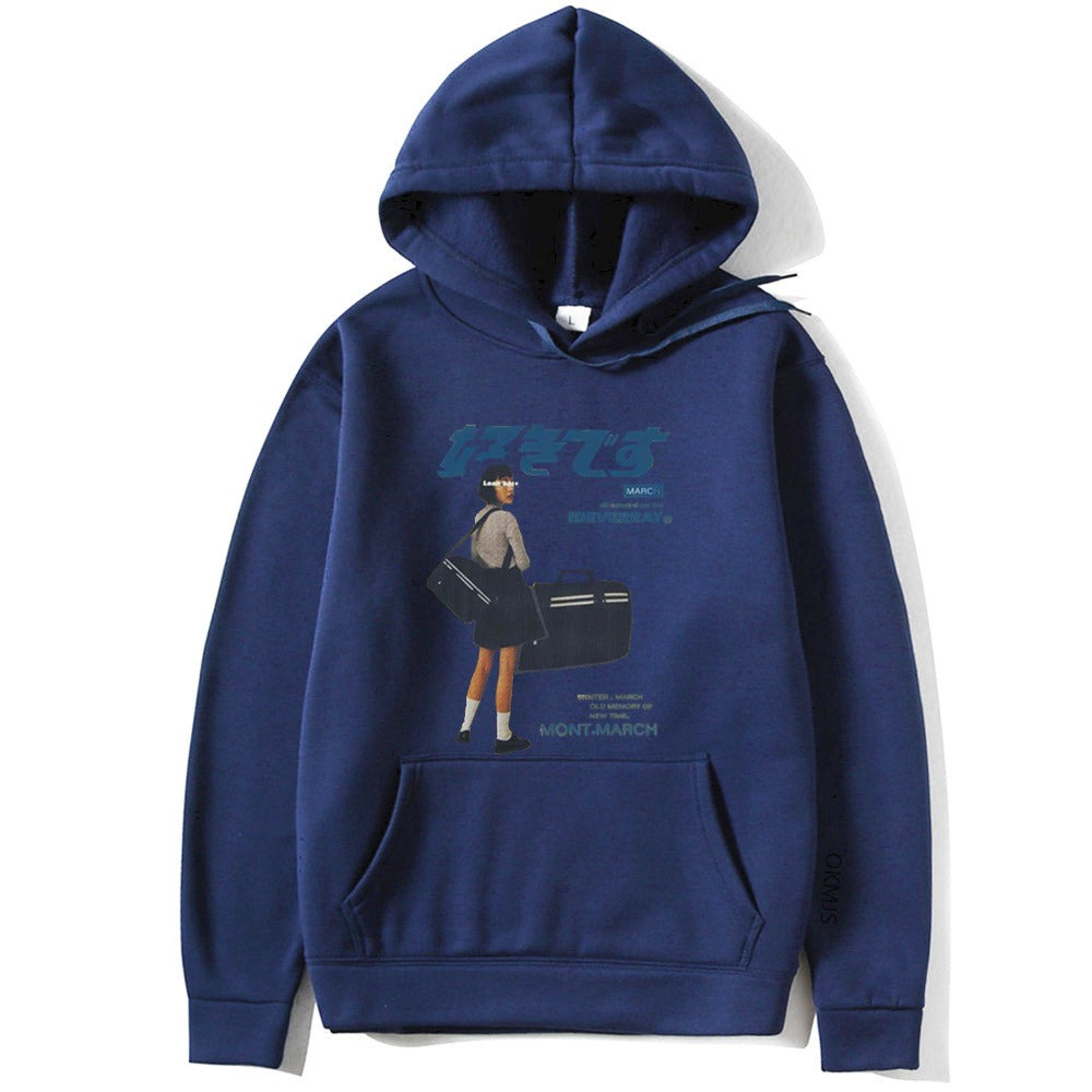 Japanese character printed casual hoodie for men and women, loose couple hooded hoodie