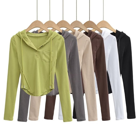 Fashion Women's New Solid Color Curved Tight Coat Hoodie Drawstring Pocket Hoodie