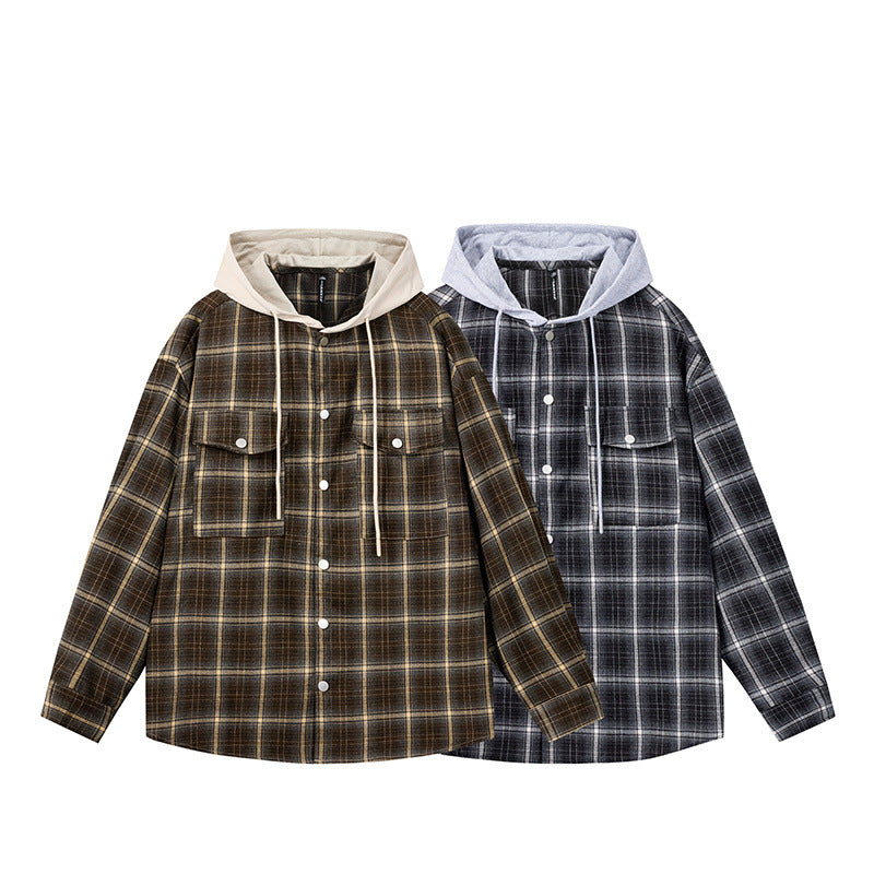 Striped checkered cardigan fake two hooded men's and women's shirts