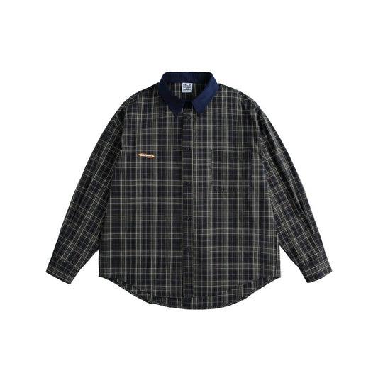 Color blocking collar plaid loose casual shirt