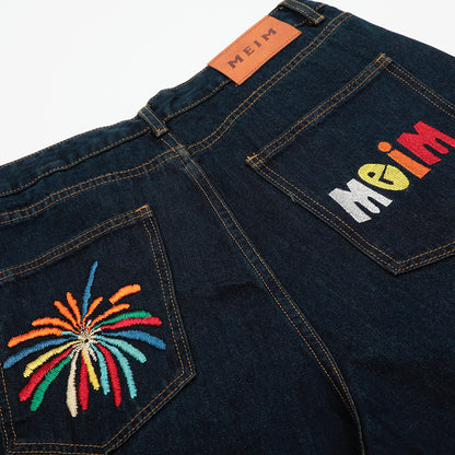 Embroidered Denim Shorts with Letter Pattern for Men, Loose Fit, Casual Washed Straight Leg Mid-Length Pants
