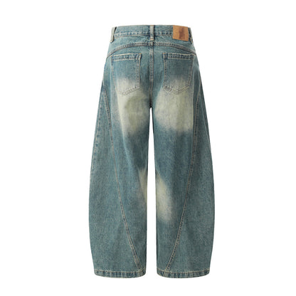 Washed Denim Scissors Pants Men's Long Trousers Punk Deconstructed Patchwork Faded Distressed Loose Wide-Leg Work Pants Street Fashion