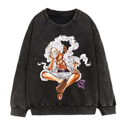 Washed retro distressed hoodie in Japanese Manica form, fifth grade Luffy Gear 5 anime print round neck top