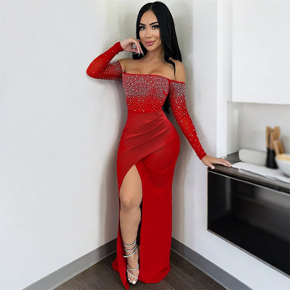 Solid Color Long Dress with High Slit and Rhinestone Embellished Strapless Design for Women