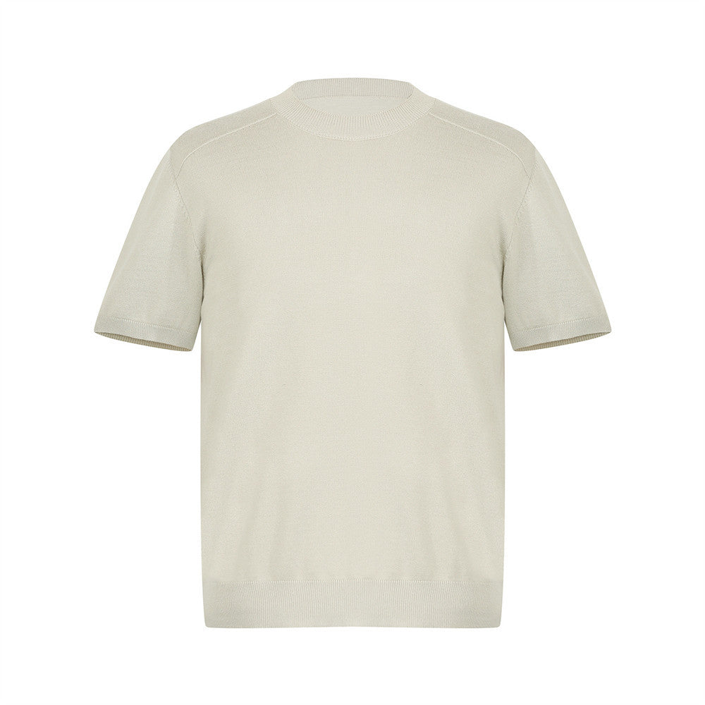Regular Shoulder Knit Short Sleeve T-Shirt Men's Simple Solid Color Versatile Fitted Crew Neck Inner Layer Base Shirt INS Trendy Brand