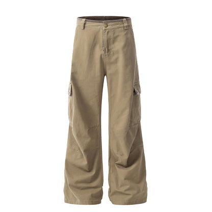 Trendy Workwear Wide-Leg Long Pants Men's Vibe American Retro Pleated Knee Design Solid Color Loose Flared Trousers