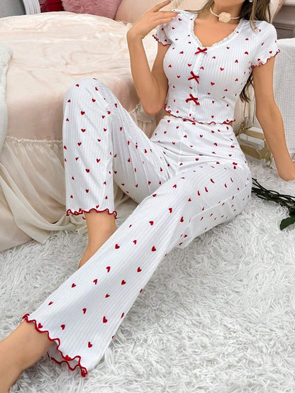 Style Printed Heart V-Neck Short Sleeve Pajamas for Women with Long Pants Two-Piece Set